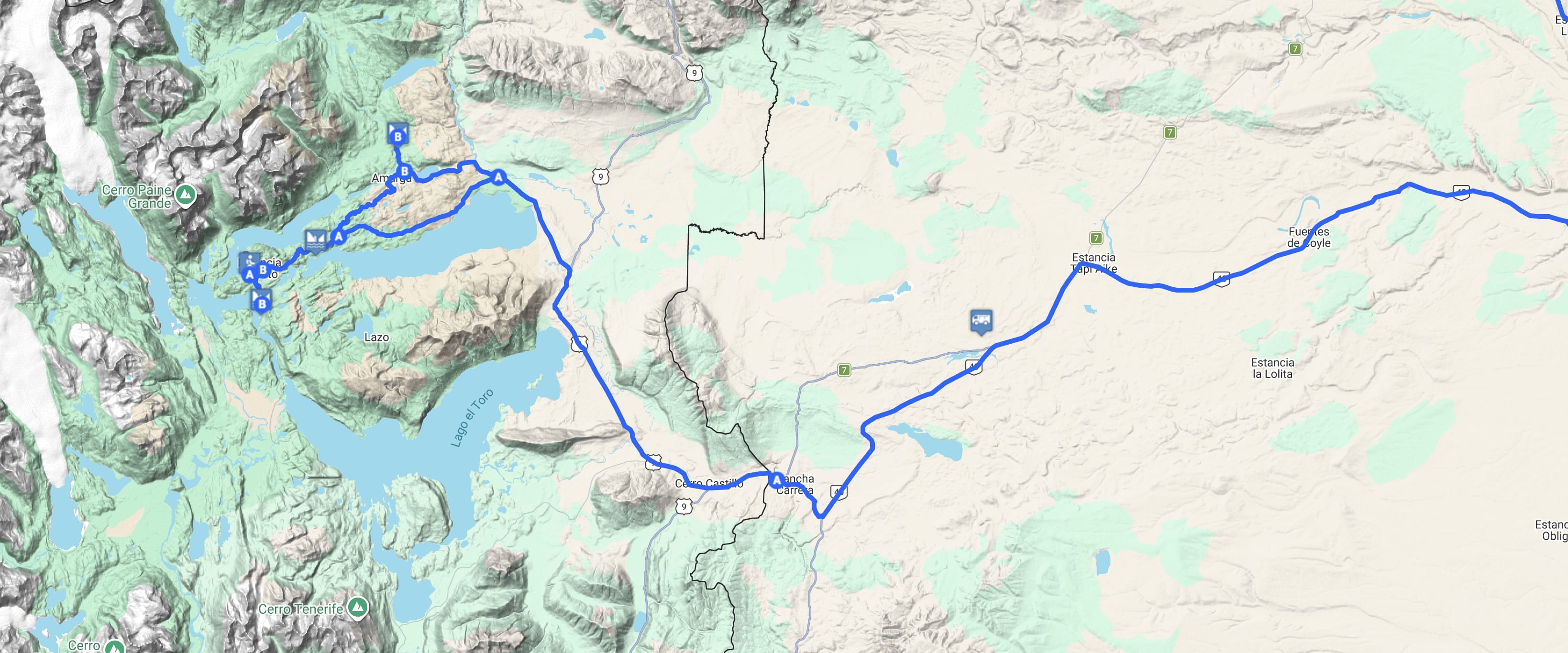 Map Torres del Paine full day 4x4